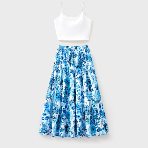 White Camisole Top and Blue Floral Print Skirt Co-ord Set - Picture 1 of 5